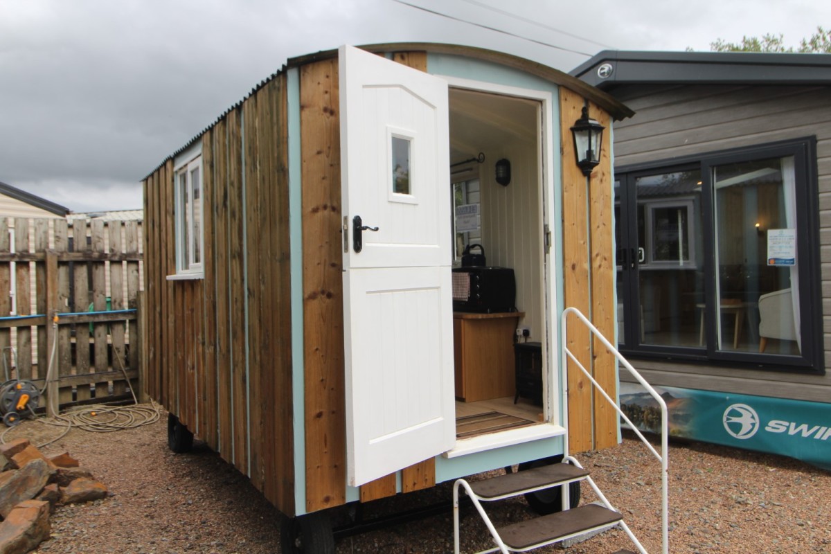 Shepherds Hut exterior with door open